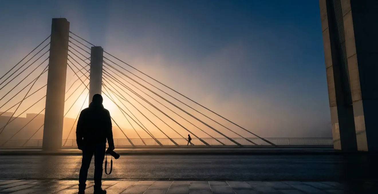 Photographe capturant un instant décisif dans une scène quotidienne où la lumière transforme l'ordinaire en extraordinaire