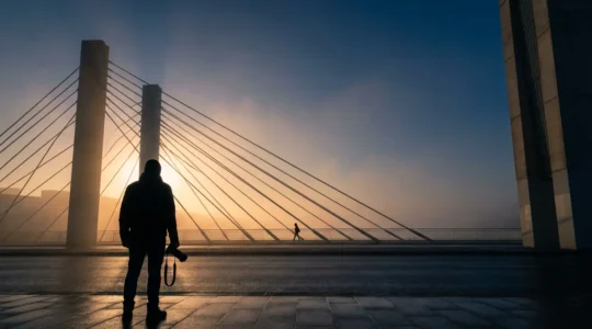 Photographe capturant un instant décisif dans une scène quotidienne où la lumière transforme l'ordinaire en extraordinaire