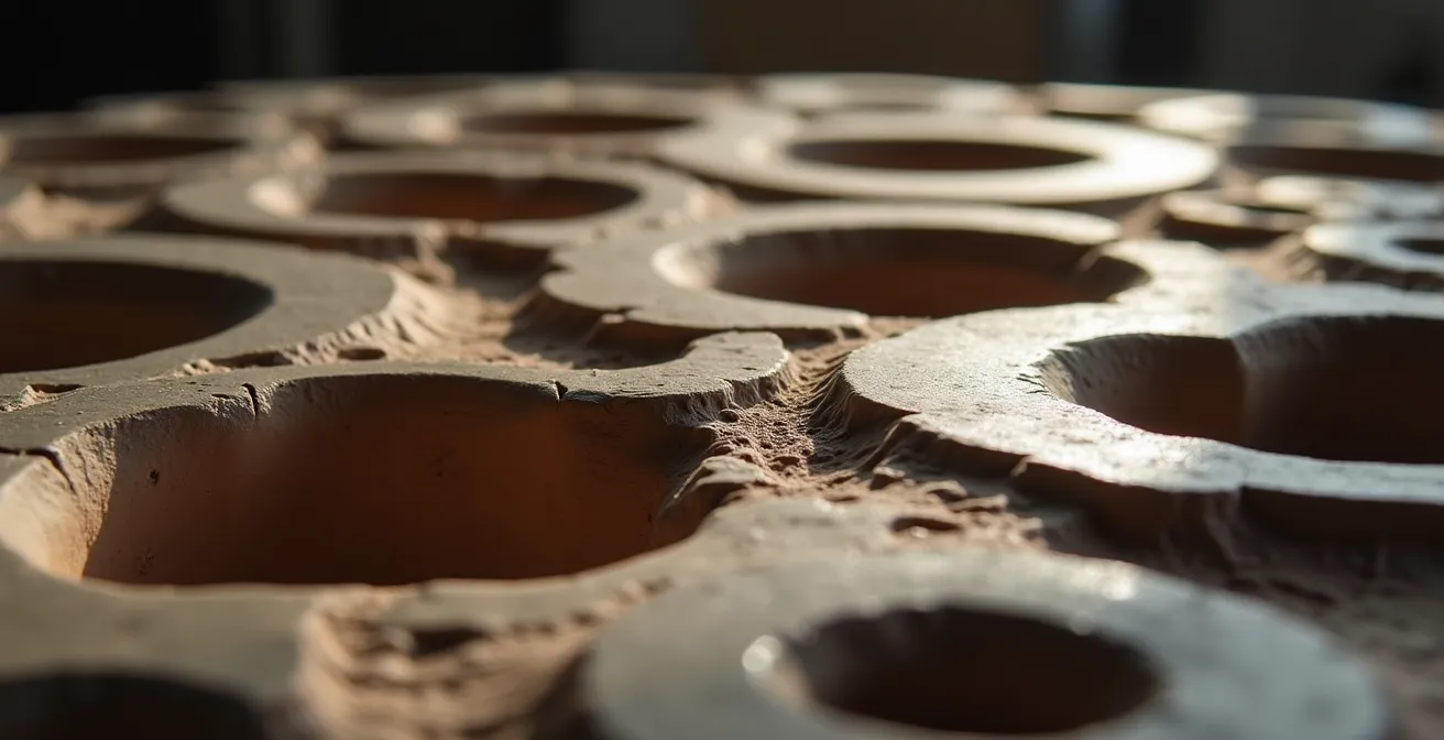 Gros plan sur une sculpture en argile montrant l'interaction dramatique entre creux et lumière