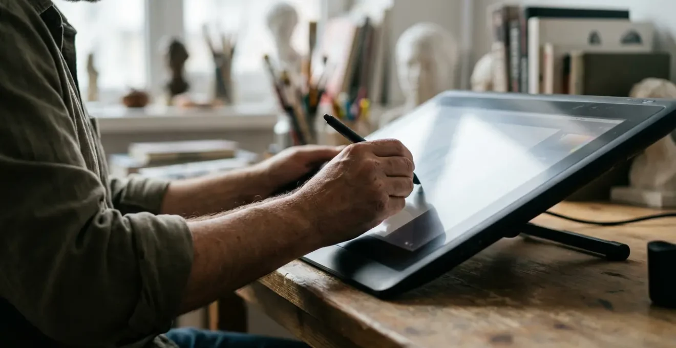 Artiste travaillant sur une sculpture 3D numérique avec tablette graphique et écran montrant une création organique détaillée