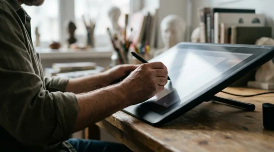 Artiste travaillant sur une sculpture 3D numérique avec tablette graphique et écran montrant une création organique détaillée