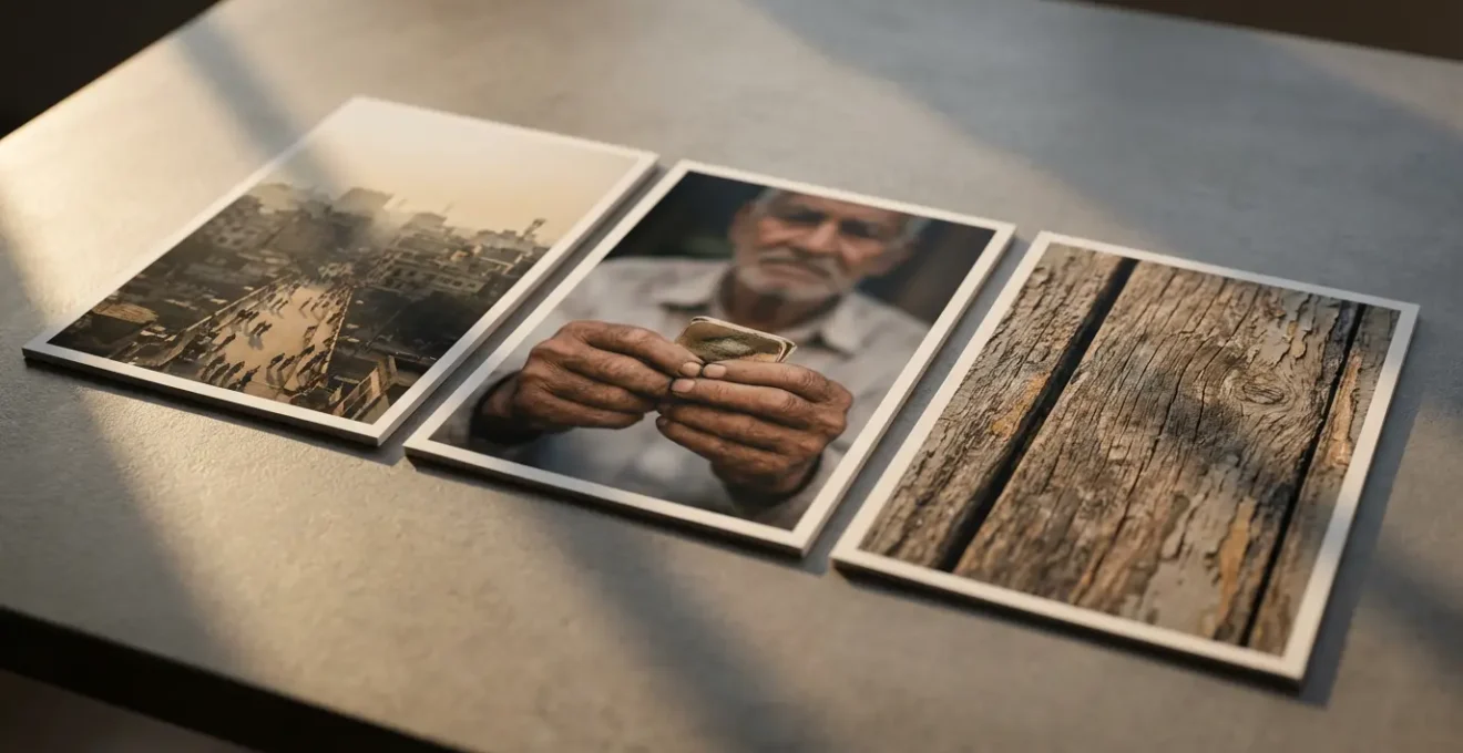 Composition séquentielle montrant trois types de plans photographiques en documentaire : plan large d'environnement, portrait serré et détail macro