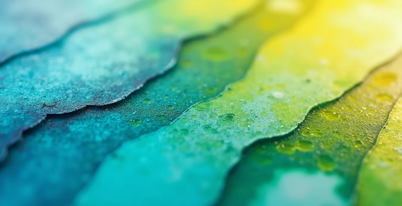 Démonstration de la technique du glacis avec superposition de couches transparentes bleues et jaunes