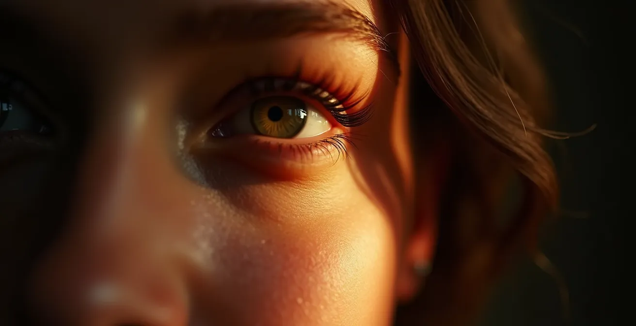 Démonstration de la technique du flash rebondi créant un éclairage dramatique style Rembrandt sur un visage