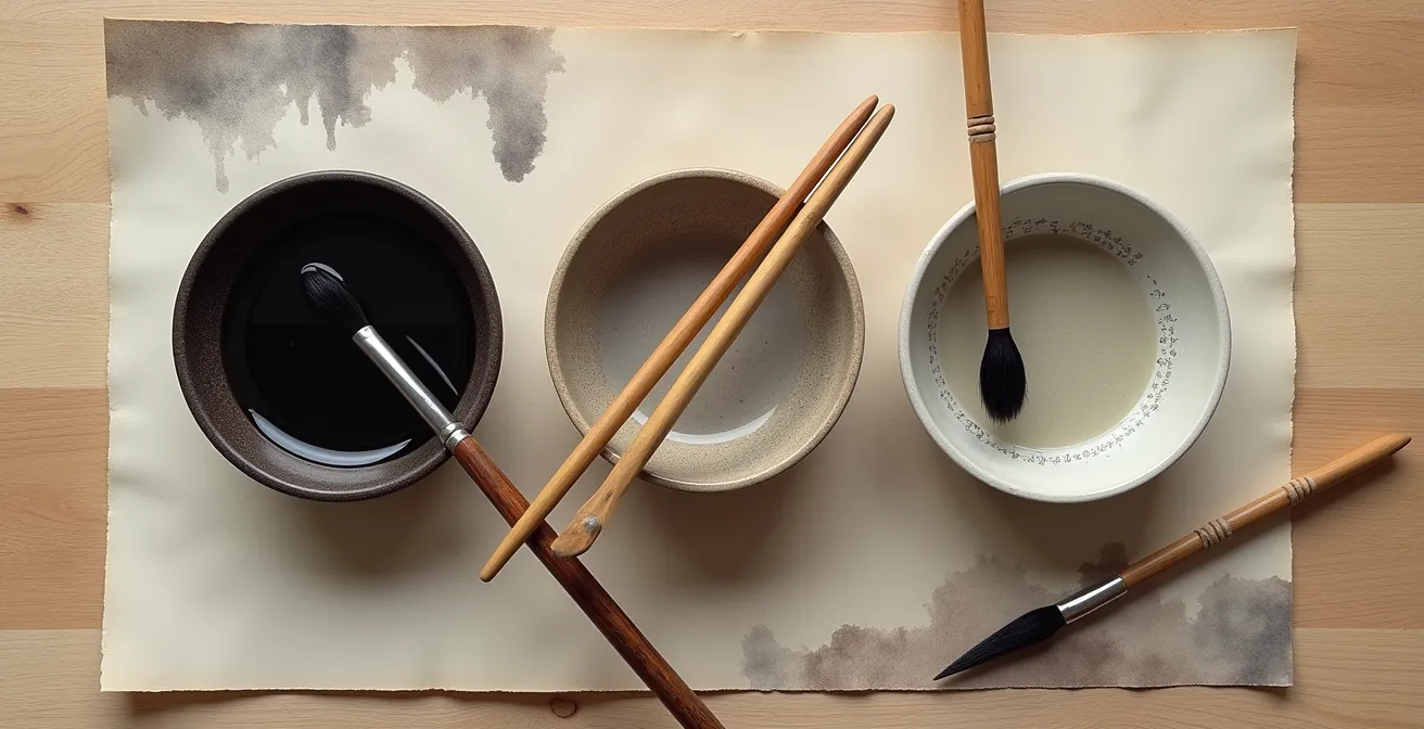 Démonstration de différentes dilutions d'encre de Chine créant un dégradé du noir au gris clair