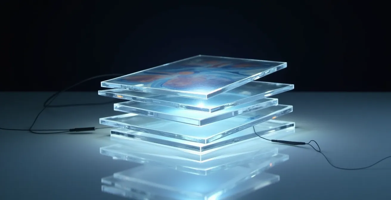 Schéma abstrait montrant des couches empilées avec des connexions externes symbolisant les objets dynamiques liés