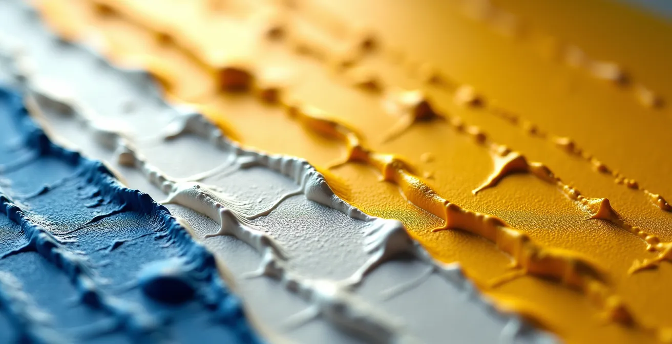 Gros plan sur une texture de peinture épaisse avec jeux de lumière sur les reliefs