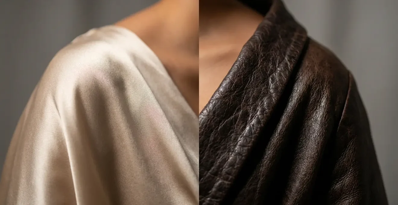 Comparaison visuelle de l'impact de la texture soie versus cuir sur l'éclairage d'un portrait