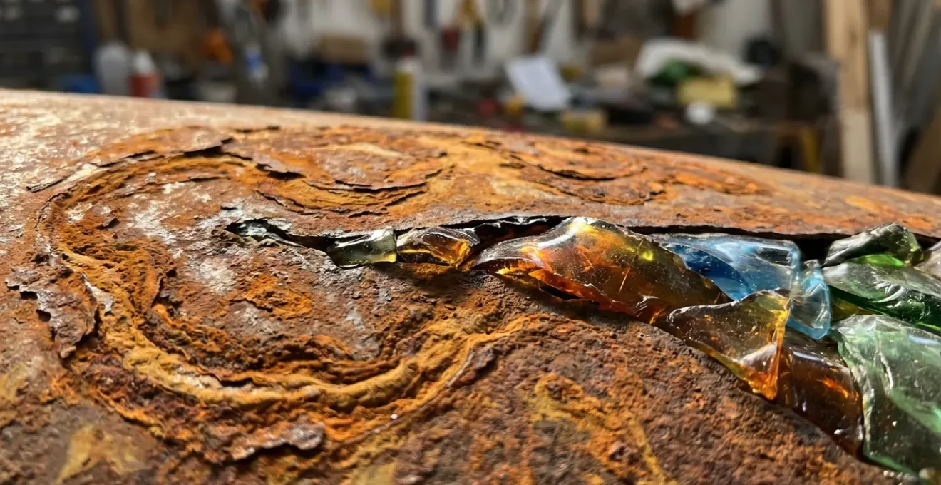 Vue macro de matériaux recyclés transformés montrant textures et patines sous lumière rasante