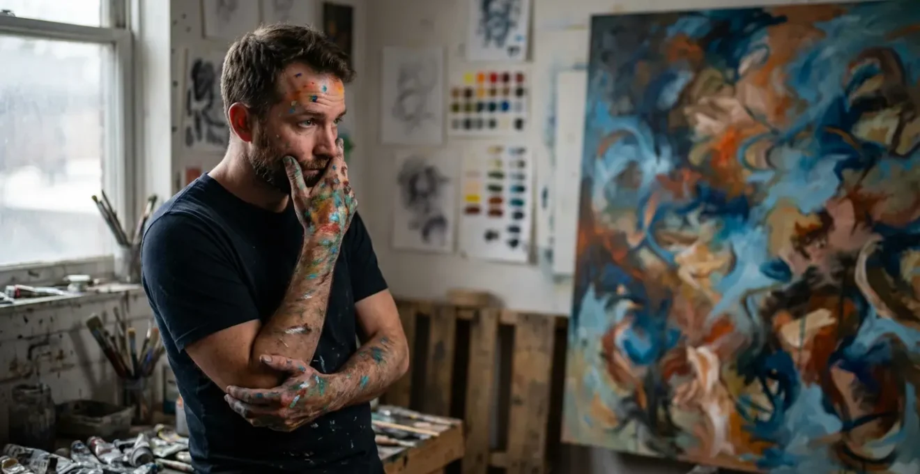 Portrait en plan moyen d'un artiste devant son œuvre abstraite aux mains recouvertes de peinture multicolore, expression contemplative face à une toile déconstruite