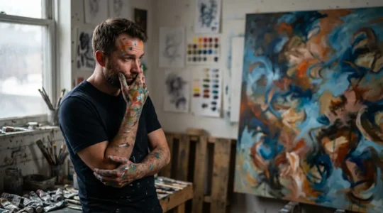 Portrait en plan moyen d'un artiste devant son œuvre abstraite aux mains recouvertes de peinture multicolore, expression contemplative face à une toile déconstruite