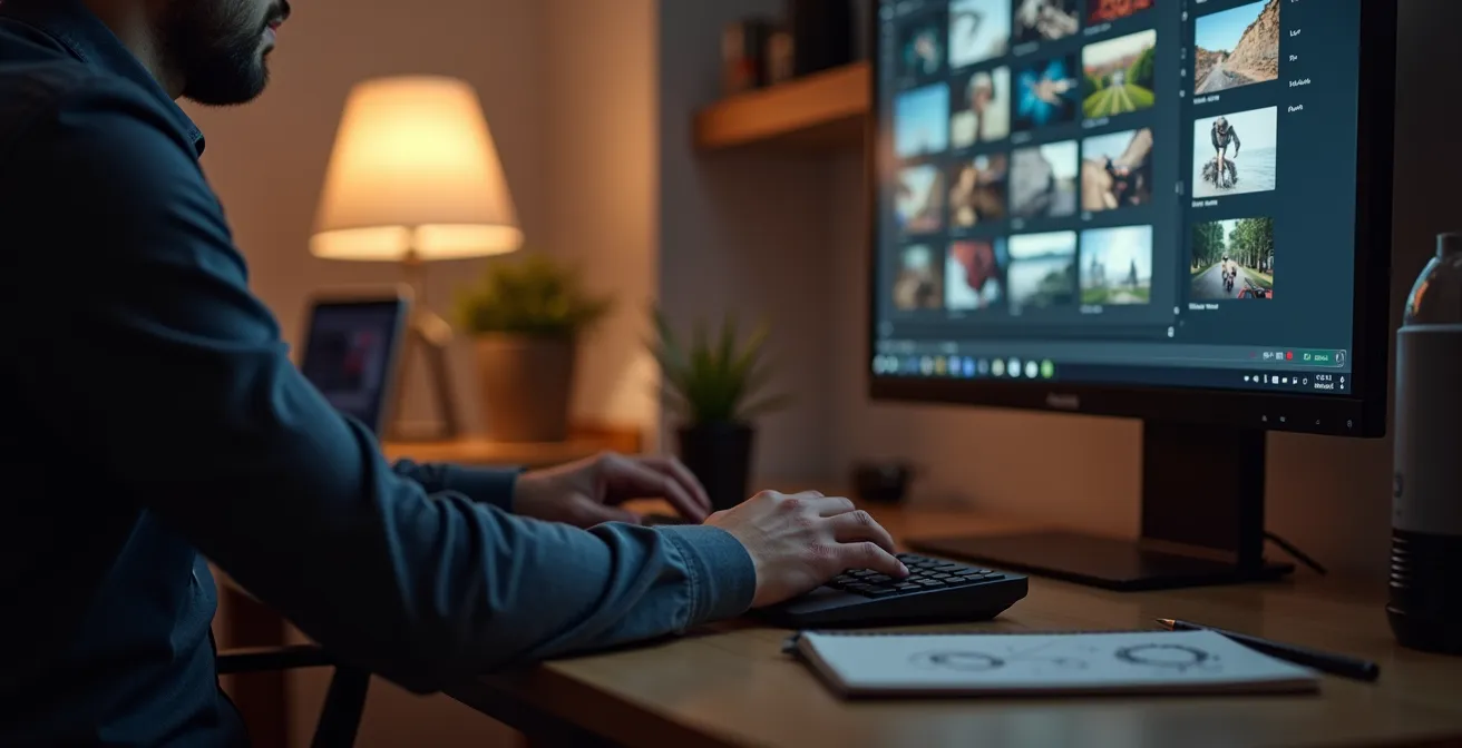 Espace de travail photographe avec sélection d'images sur grand écran