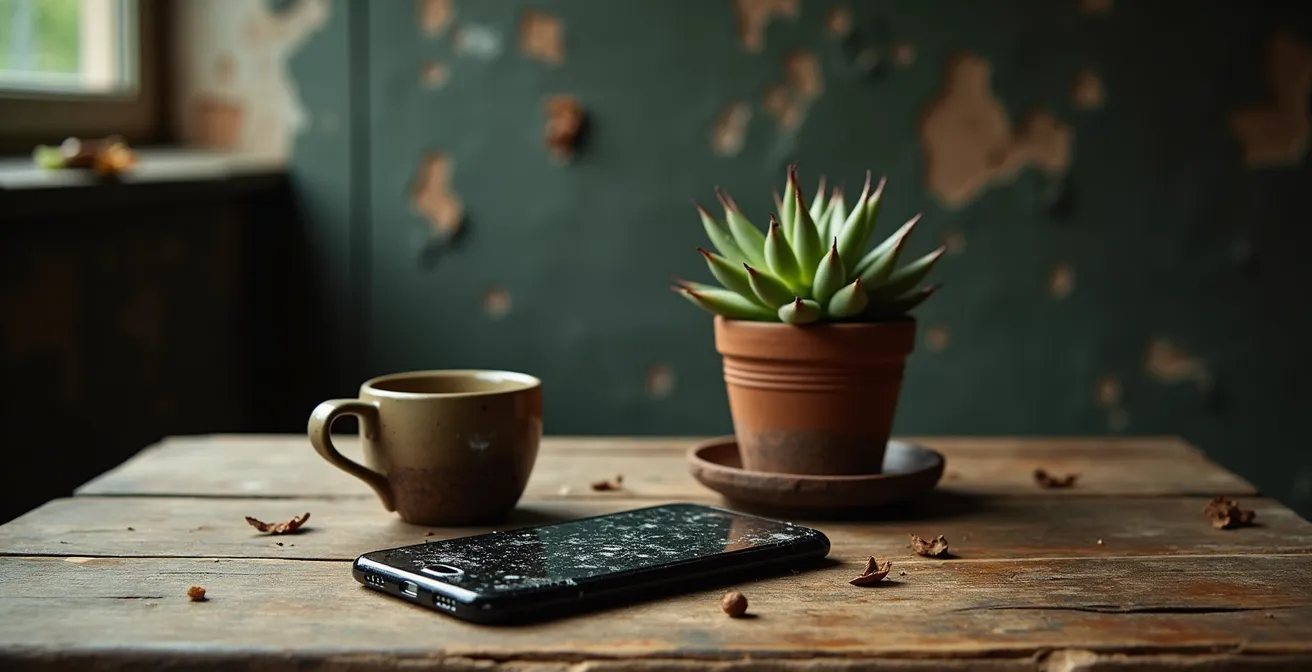 Nature morte contemporaine avec smartphone à écran fissuré, tasse de café froid et plante fanée