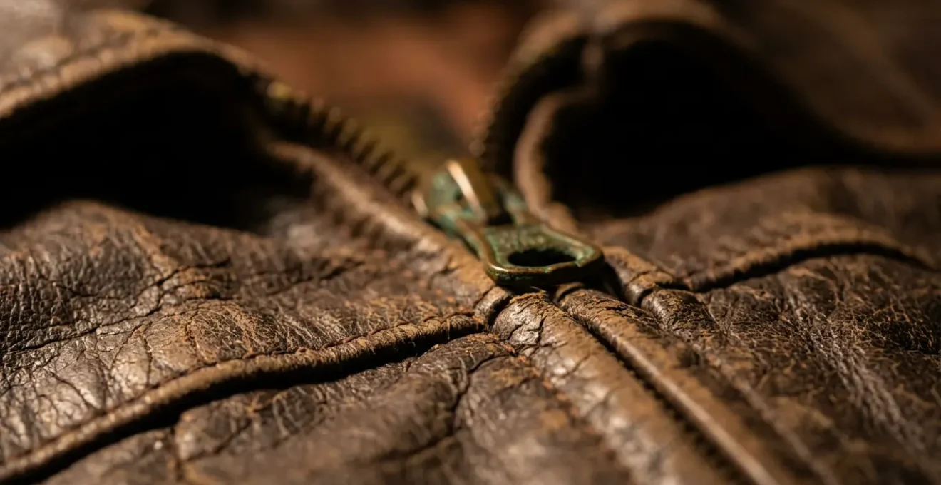Portrait macro détaillé montrant la texture d'une veste en cuir vintage, focus sur les détails qui racontent une histoire
