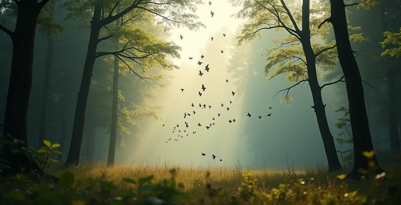 Volée d'oiseaux traversant une clairière forestière avec branches au premier plan