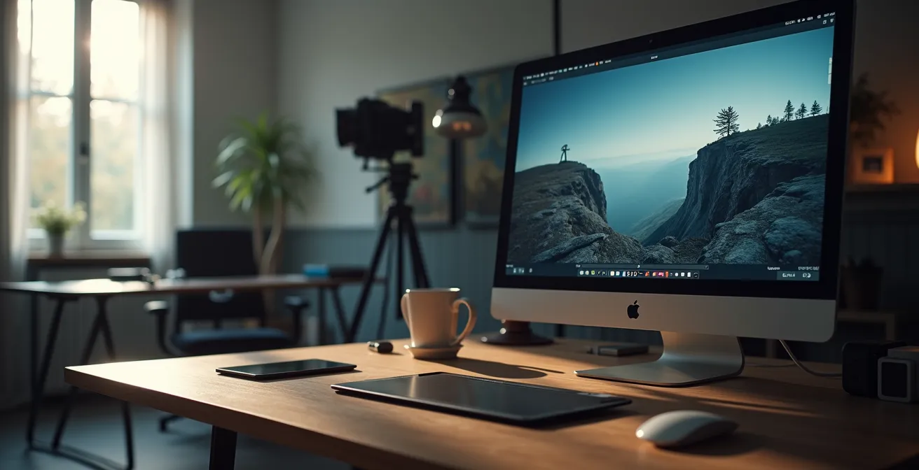 Espace de travail photographe avec écran montrant une image en cours de retouche, éclairage ambiant doux