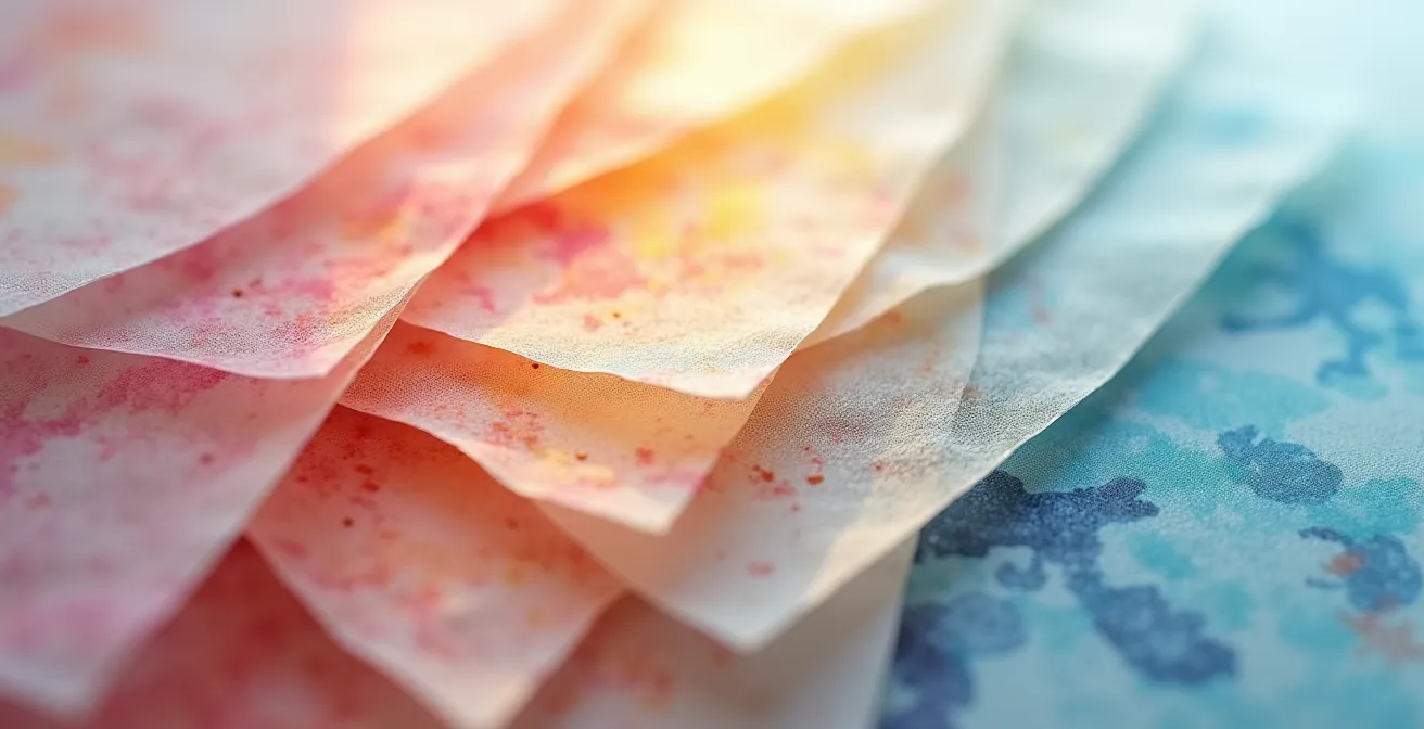 Métaphore visuelle du workflow non-destructif avec calques transparents empilés