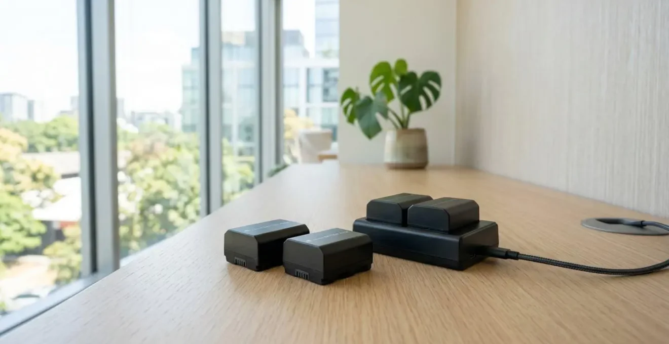 Plusieurs batteries professionnelles pour appareil photo et un chargeur alignés sur une table contemporaine, éclairage naturel doux