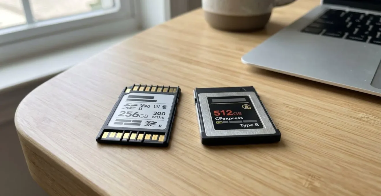 Macro shot de deux cartes mémoire côte à côte sur surface blanche moderne, carte SD UHS-II avec double rangée de contacts dorés et carte CFexpress Type B, focus net sur les connecteurs