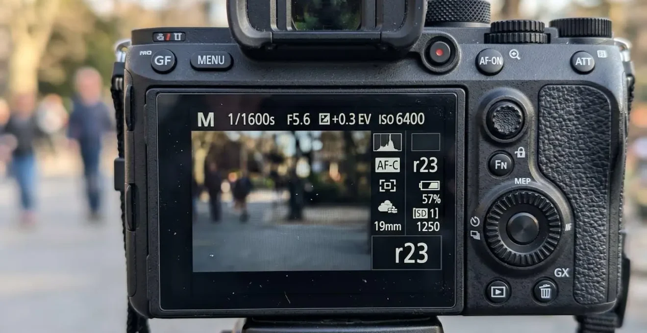Gros plan extrême sur l'écran LCD arrière d'un appareil photo hybride moderne affichant l'indicateur de buffer avec icône rectangles empilés et compteur d'images restantes