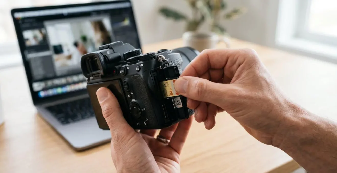 Gros plan sur des mains en train d'insérer une carte mémoire dans un boîtier photo professionnel, éclairage naturel doux
