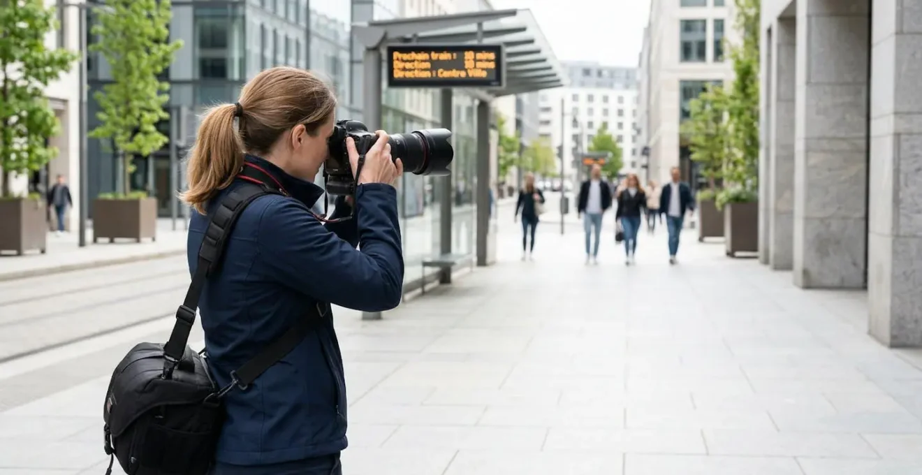 Un photographe professionnel vu de dos ajuste son appareil photo lors d'une mission en extérieur, éclairage naturel ambiant