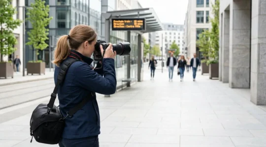 Un photographe professionnel vu de dos ajuste son appareil photo lors d'une mission en extérieur, éclairage naturel ambiant