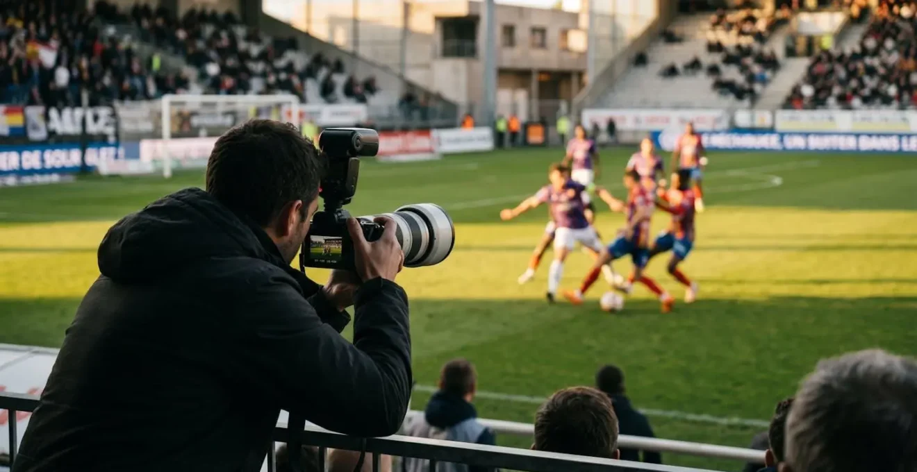 Photographe accroupi de dos photographiant un match de football amateur sur terrain extérieur, appareil hybride professionnel en main, moment de rafale en cours