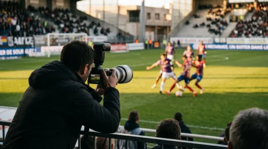 Photographe accroupi de dos photographiant un match de football amateur sur terrain extérieur, appareil hybride professionnel en main, moment de rafale en cours
