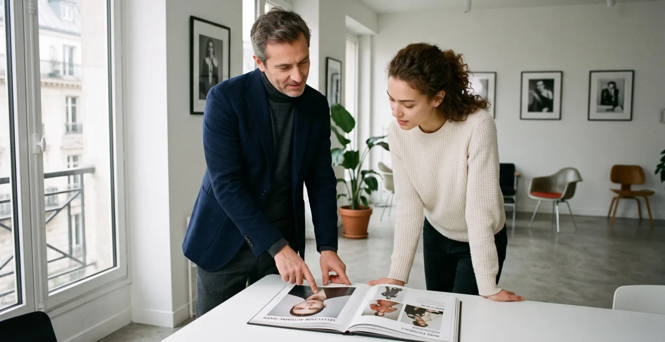 Agent d'agence de mannequins et jeune candidate debout penchés au-dessus d'un book professionnel ouvert sur table blanche, en pleine consultation dans bureau moderne parisien
