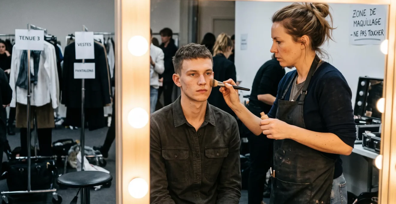 Maquilleuse professionnelle debout appliquant du fond de teint au pinceau sur le visage d'un jeune mannequin masculin assis face à un miroir éclairé en backstage défilé mode