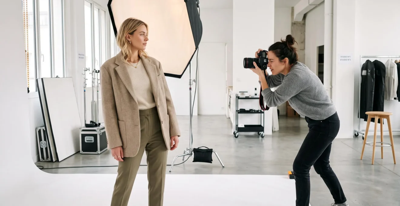 Séance photo mode professionnelle en studio avec mannequin féminin debout et photographe en action cadrant avec appareil reflex, softbox et réflecteurs visibles en arrière-plan sur fond blanc
