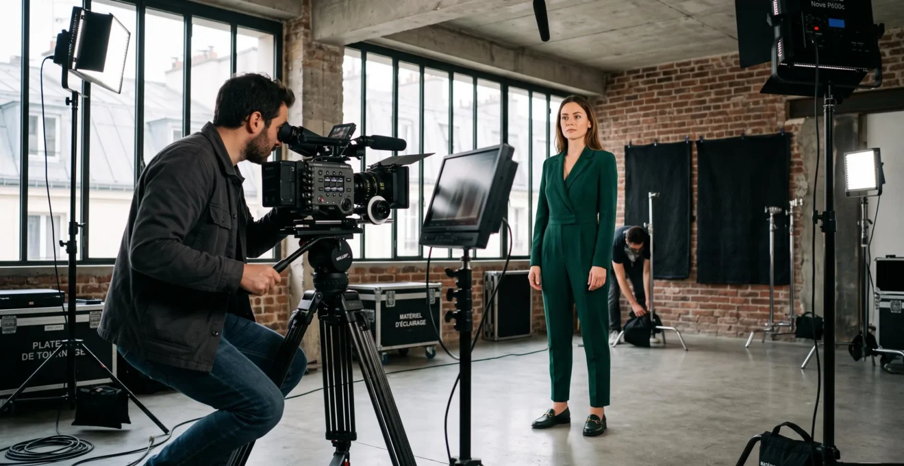 Tournage publicitaire audiovisuel sur plateau avec comédienne-mannequin debout face caméra vidéo professionnelle et réalisateur accroupi derrière caméra en train de cadrer, éclairages LED visibles