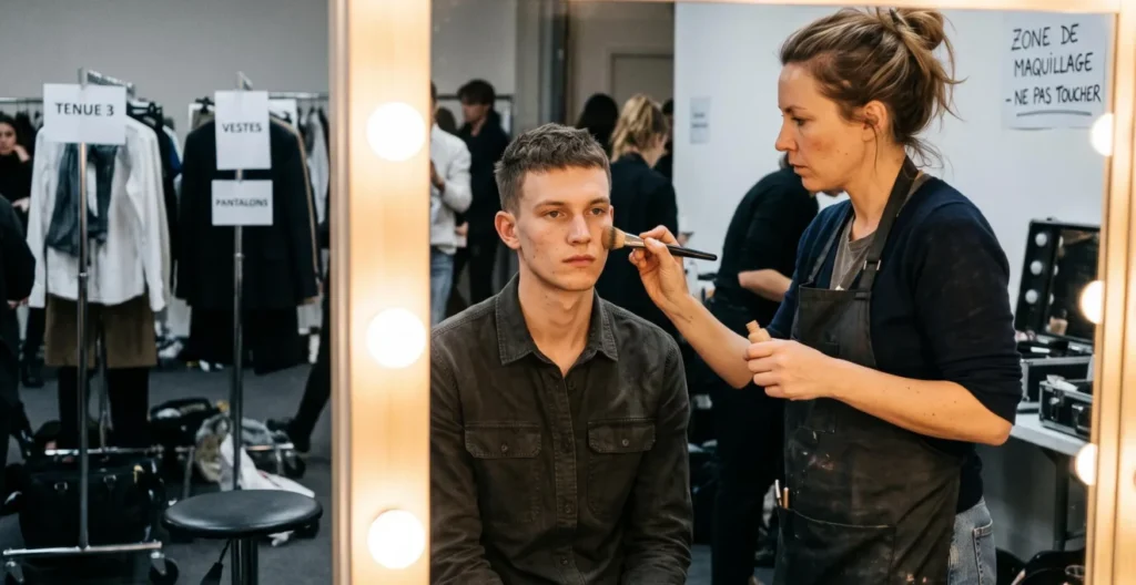 Maquilleuse professionnelle debout appliquant du fond de teint au pinceau sur le visage d'un jeune mannequin masculin assis face à un miroir éclairé en backstage défilé mode