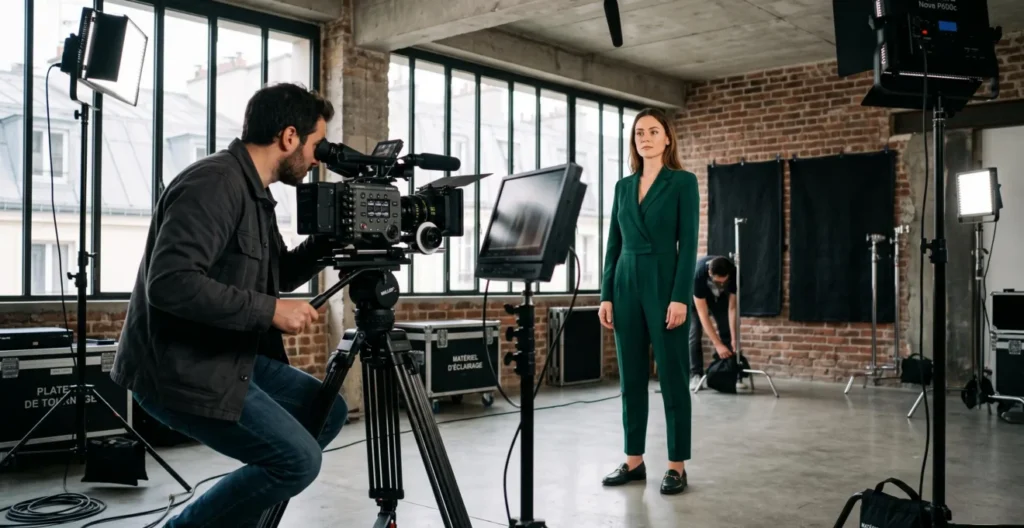 Tournage publicitaire audiovisuel sur plateau avec comédienne-mannequin debout face caméra vidéo professionnelle et réalisateur accroupi derrière caméra en train de cadrer, éclairages LED visibles